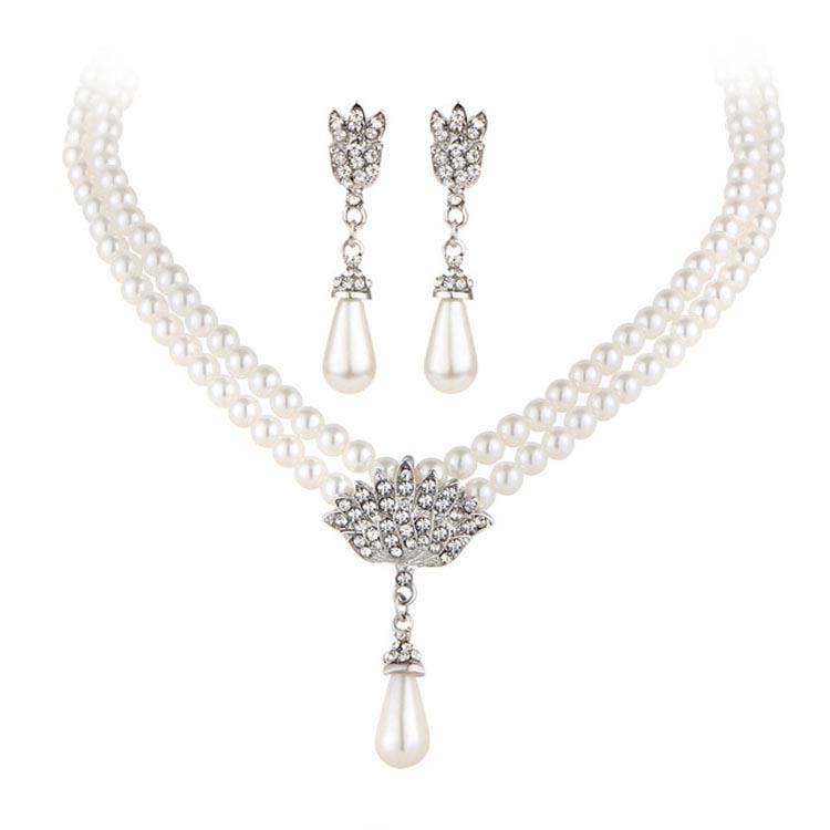 Temperament Imitation Pearl Diamond Short Clavicle Necklace Earring Jewelry Set (GEE04-02)