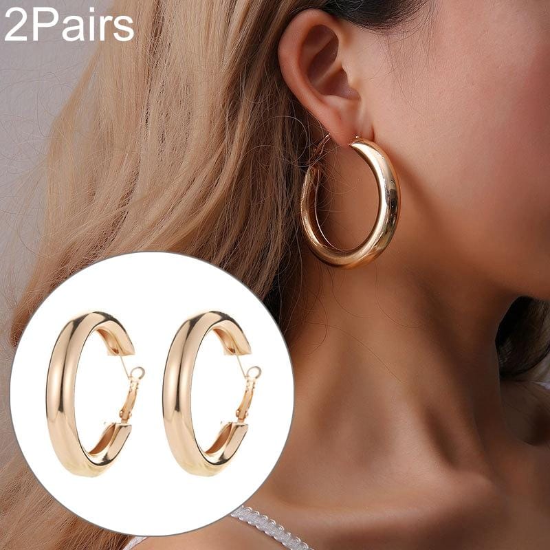 2 Pairs Women Vintage Big Crircle Earrings (Gold)