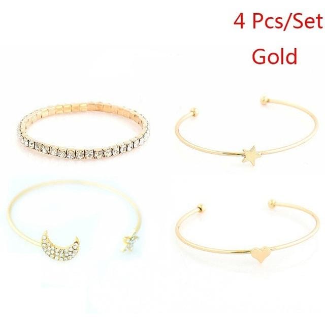 4 PCS/Set Punk Retro Charm Simple Moon Star Heart Crystal Elasticity Bracelet (Gold)