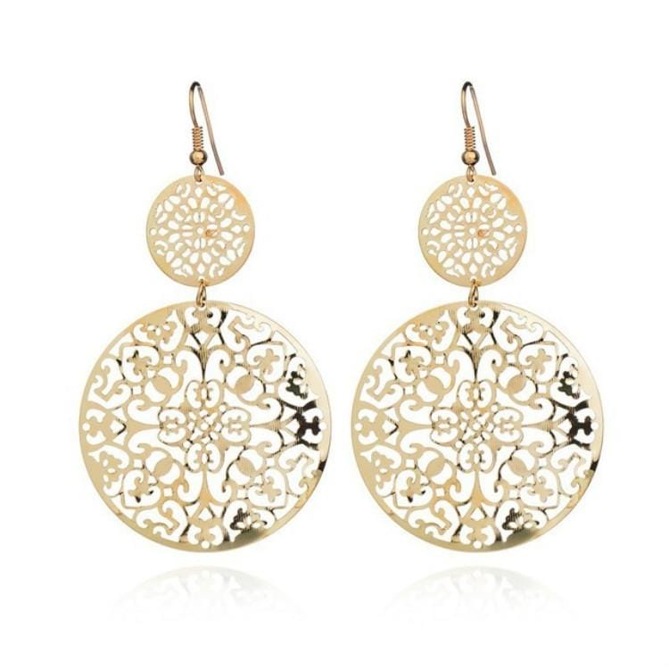 2 PCS Vintage Cutout Earrings Ethnic Scrub Flower Lady Stud Earrings (Gold)