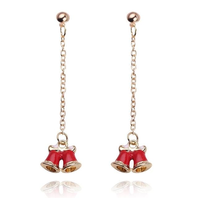 Christmas Old Man Series Long Drops Oil Tassel Bell Reindeer Cane Earrings (Bell)