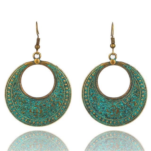 Bohemian Vintage Bronze Carved Water Drops Retro Earrings For Women (E020629)