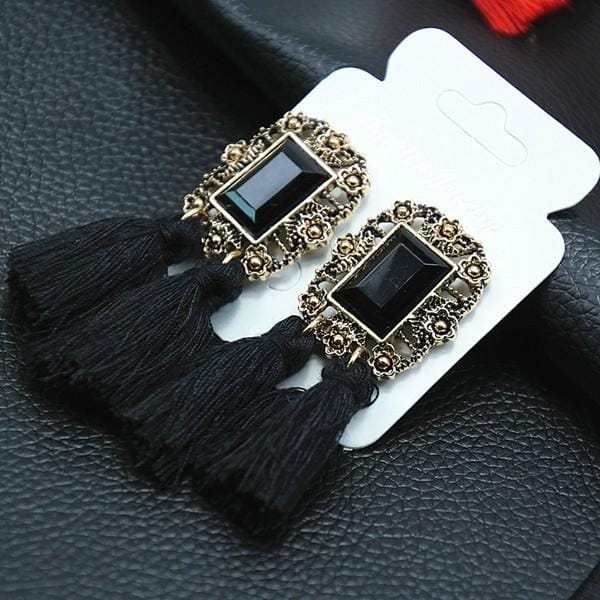 Gemstone Court Fringe Long Earrings Bohemian Tassels Fringe Exaggerated Vintage Stud Earrings (Black)