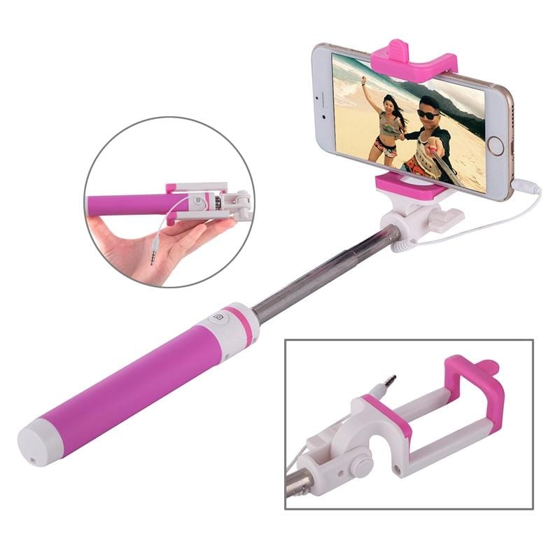 Portable Wire Controlled Macarons Selfie Stick Monopod Folding Extendable Pocket Handheld Holder, For iPhone, Galaxy, Huawei, Xiaomi, LG, HTC and Other Smart Phones, Folded Length: 18.9cm, Max Extension Length: 81.6cm (Magenta)