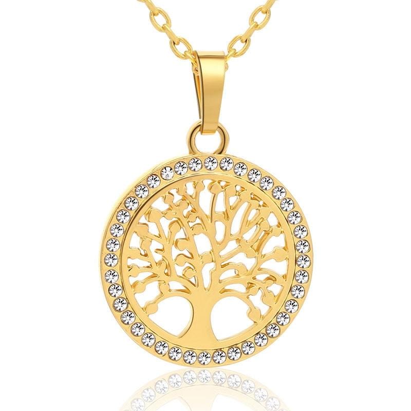 3 PCS  Tree of Life Crystal Round Small Pendant Necklace Elegant Women Jewelry Necklace (Gold)