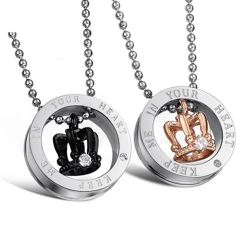 OPK Crown Rhinestone Titanium Steel Couple Necklace Pendant without Chain (Black)