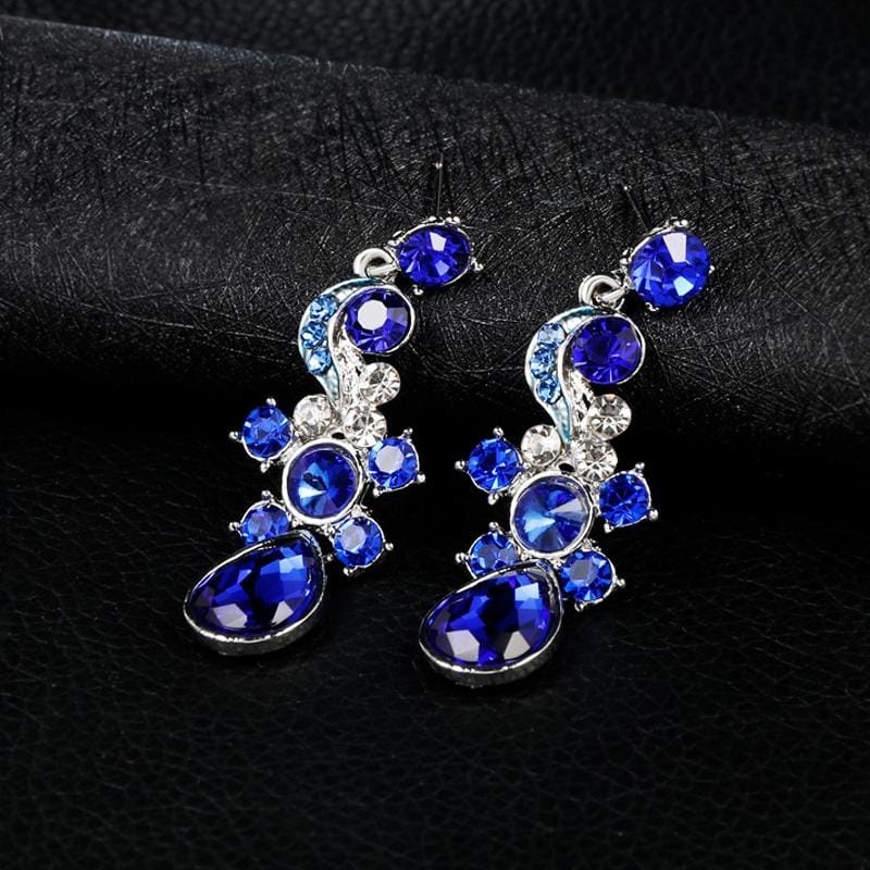 3 in 1 Set Ladies Fashion Prestige Temperament Rhinestone Wreath Necklace Long Earrings Jewelry (Blue)