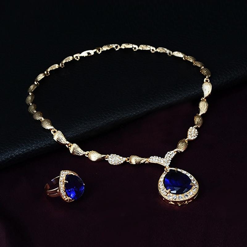 2 PCS Fashion Queen Drops Shape Alloy Gold Plated Necklace Ring Jewelry Set (Blue)