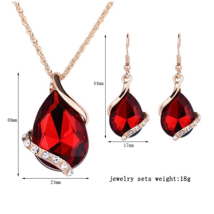 2 Sets Water Drop Gem Clavicle Necklace Pendant Earring Set (Red)