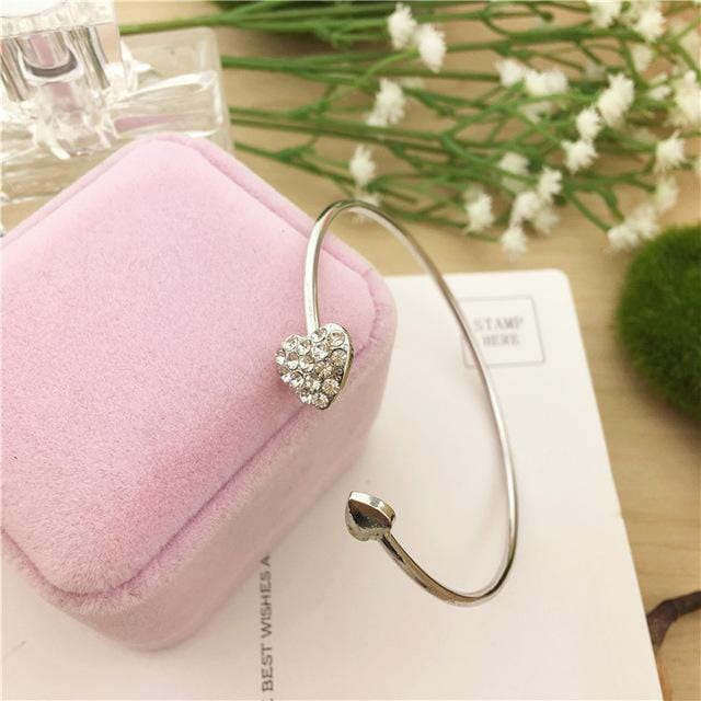 2019 Hot New Fashion Adjustable Crystal Double Heart Bow Bilezik Cuff Opening Bracelet For Women Jewelry Gift Mujer Pulseras 7g (Silver)