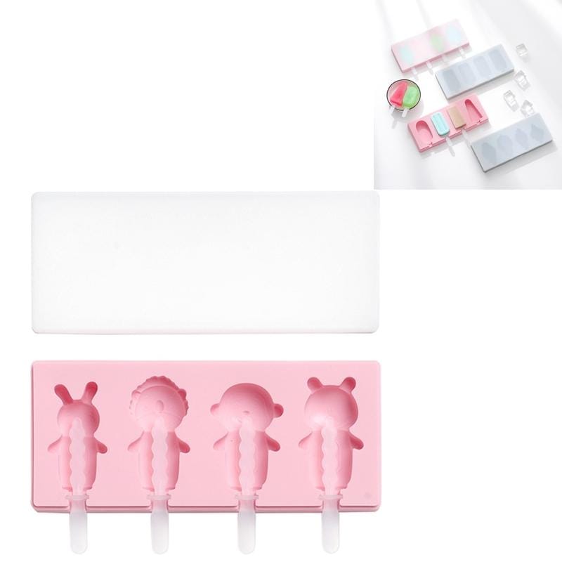 2 PCS Handmade Cartoon Homemade Ice Cream Silicone Stick Ice Mold with Lid DIY Ice Box, Style:Cute Animal (Pink)