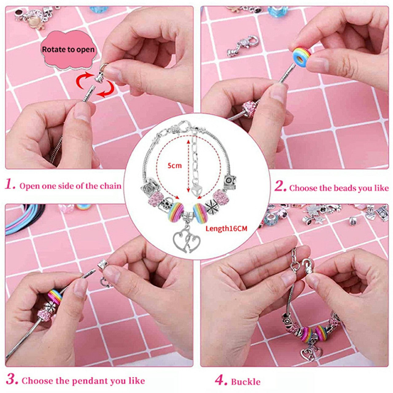 151Pcs Kids Bracelet Bag Making Kit Girls DIY Bracelet Pendants Beads Set with Gift Box - Pink