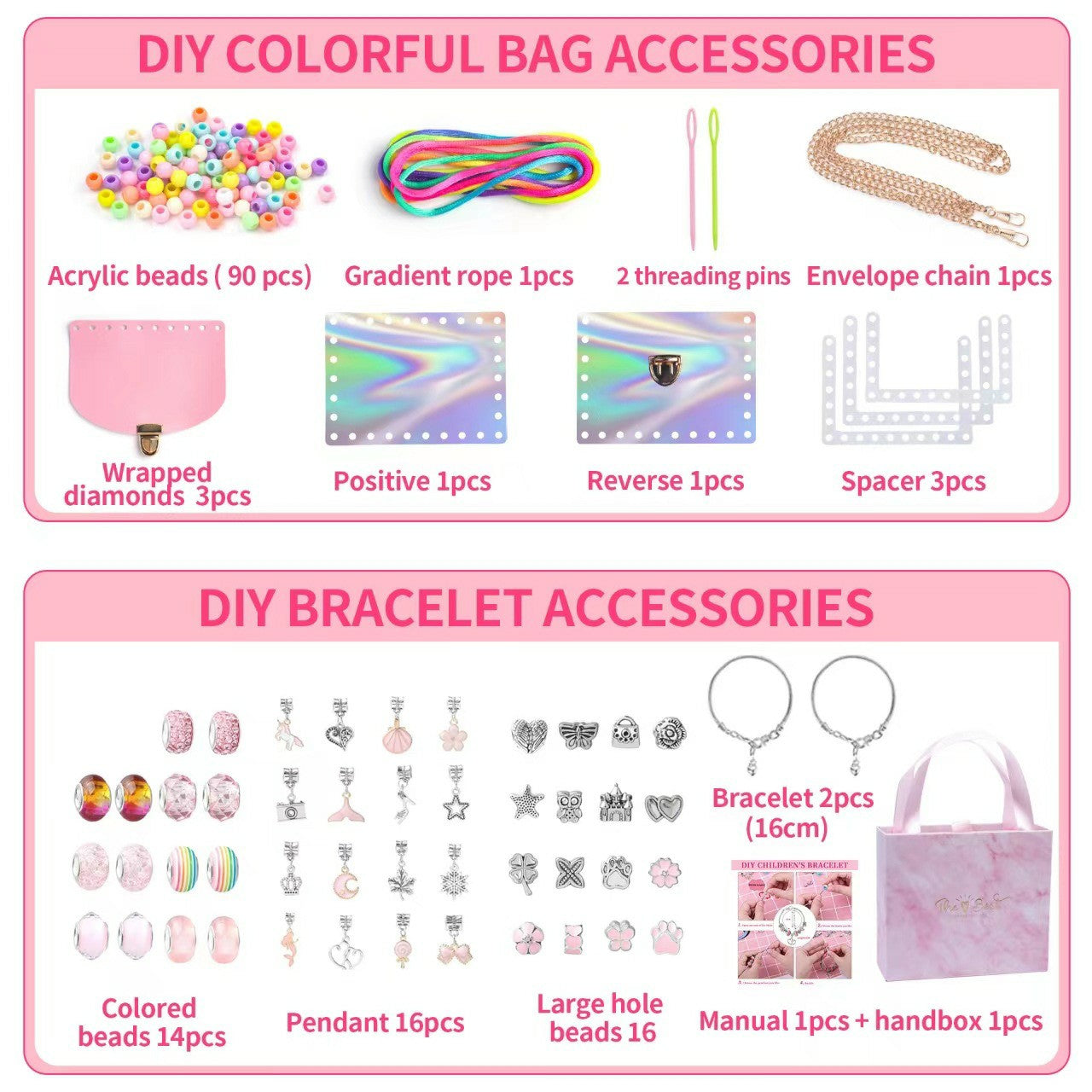 151Pcs Kids Bracelet Bag Making Kit Girls DIY Bracelet Pendants Beads Set with Gift Box - Pink