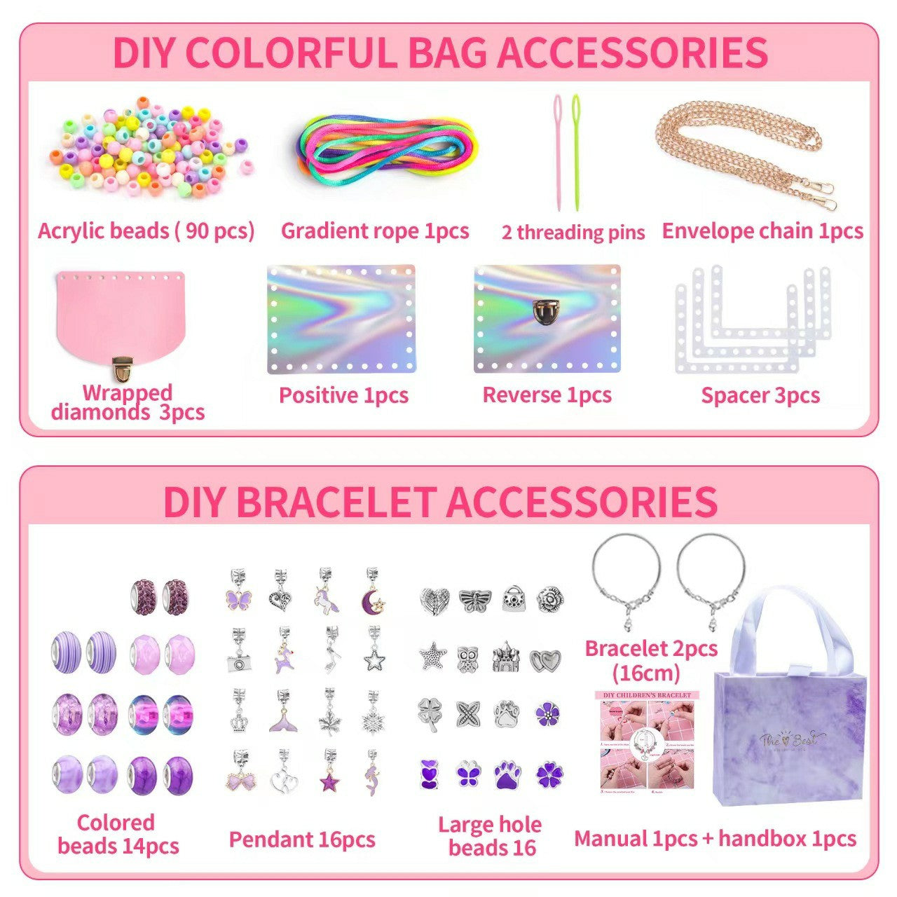 151Pcs Kids Bracelet Bag Making Kit Girls DIY Bracelet Pendants Beads Set with Gift Box - Purple