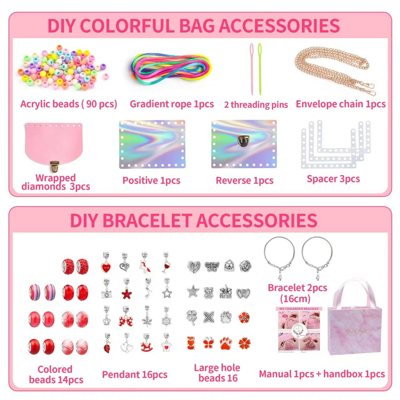 151Pcs Kids Bracelet Bag Making Kit Girls DIY Bracelet Pendants Beads Set with Gift Box - Red