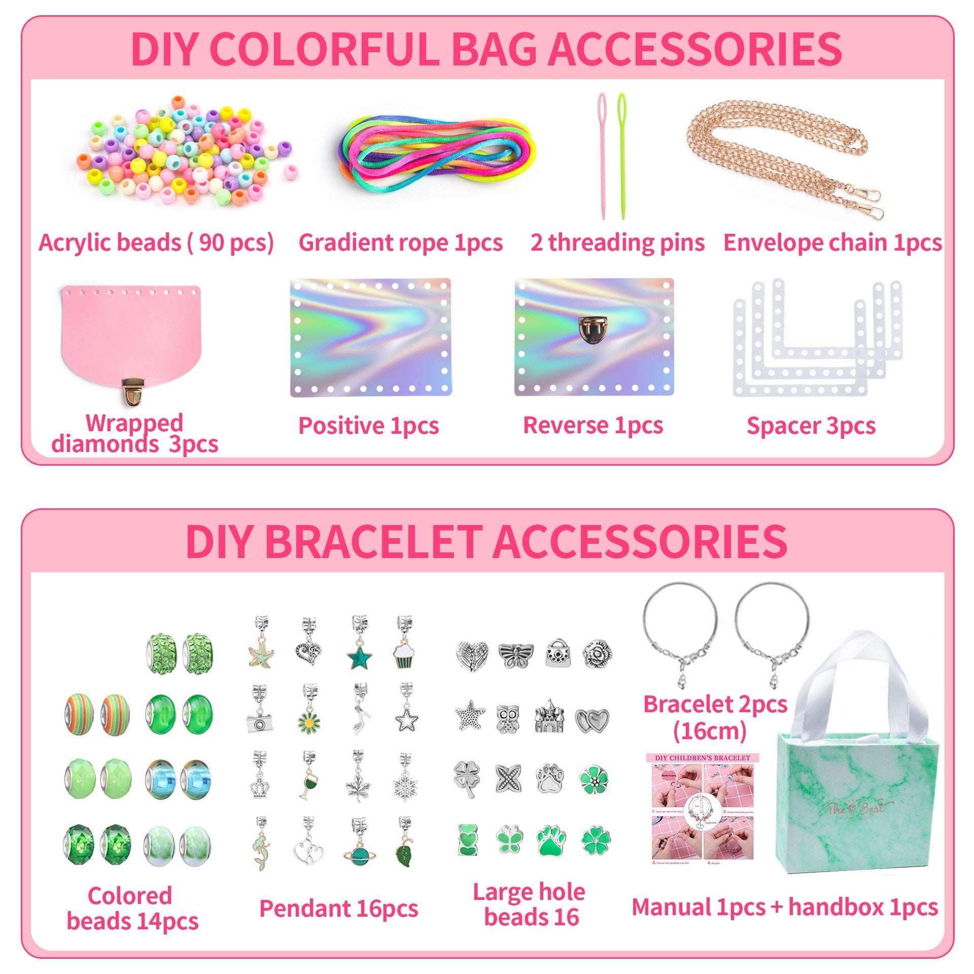 151Pcs Kids Bracelet Bag Making Kit Girls DIY Bracelet Pendants Beads Set with Gift Box - Green