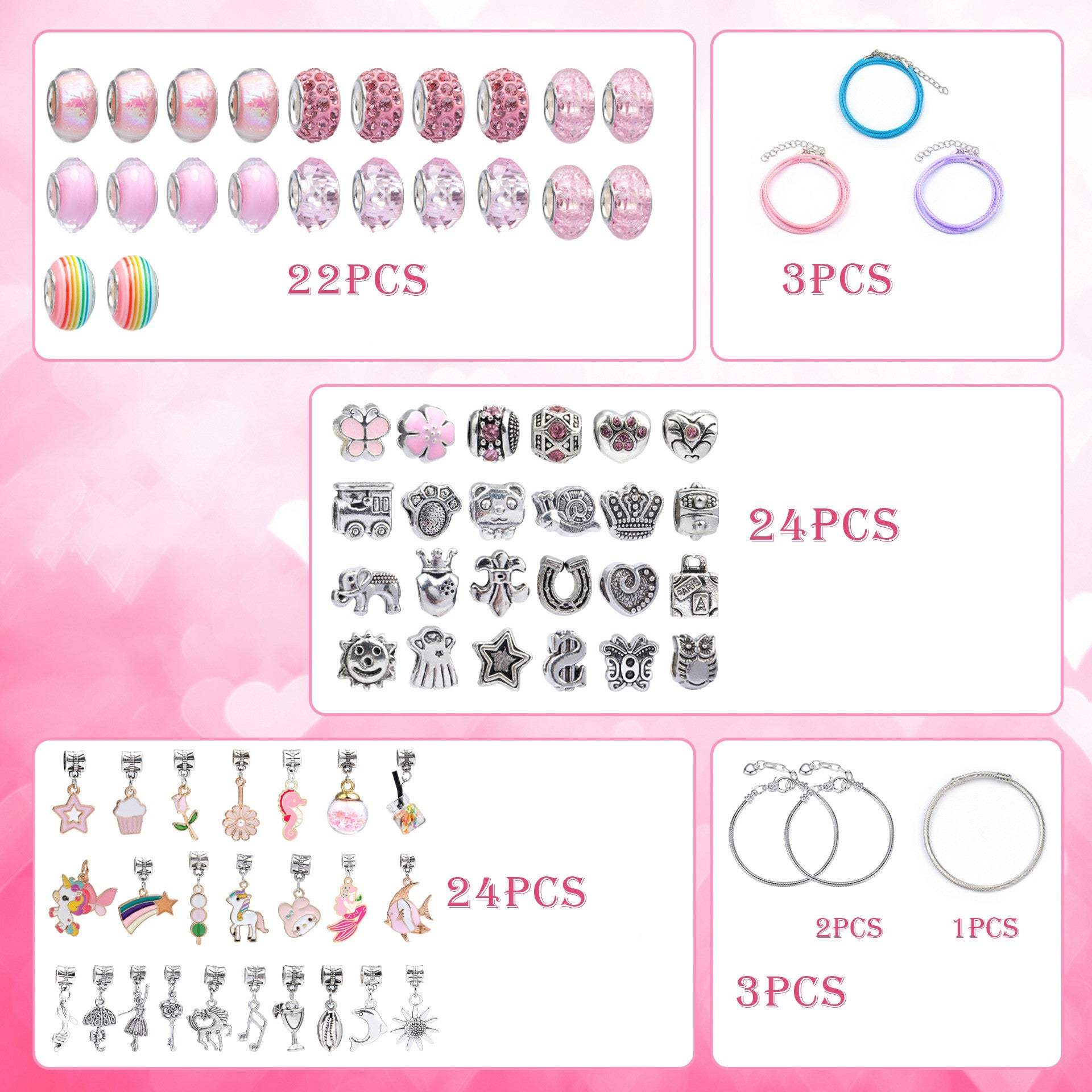 76Pcs DIY Jewellery Making Set for Girls Charm Bracelet Making Kit Birthday Gift - Pink