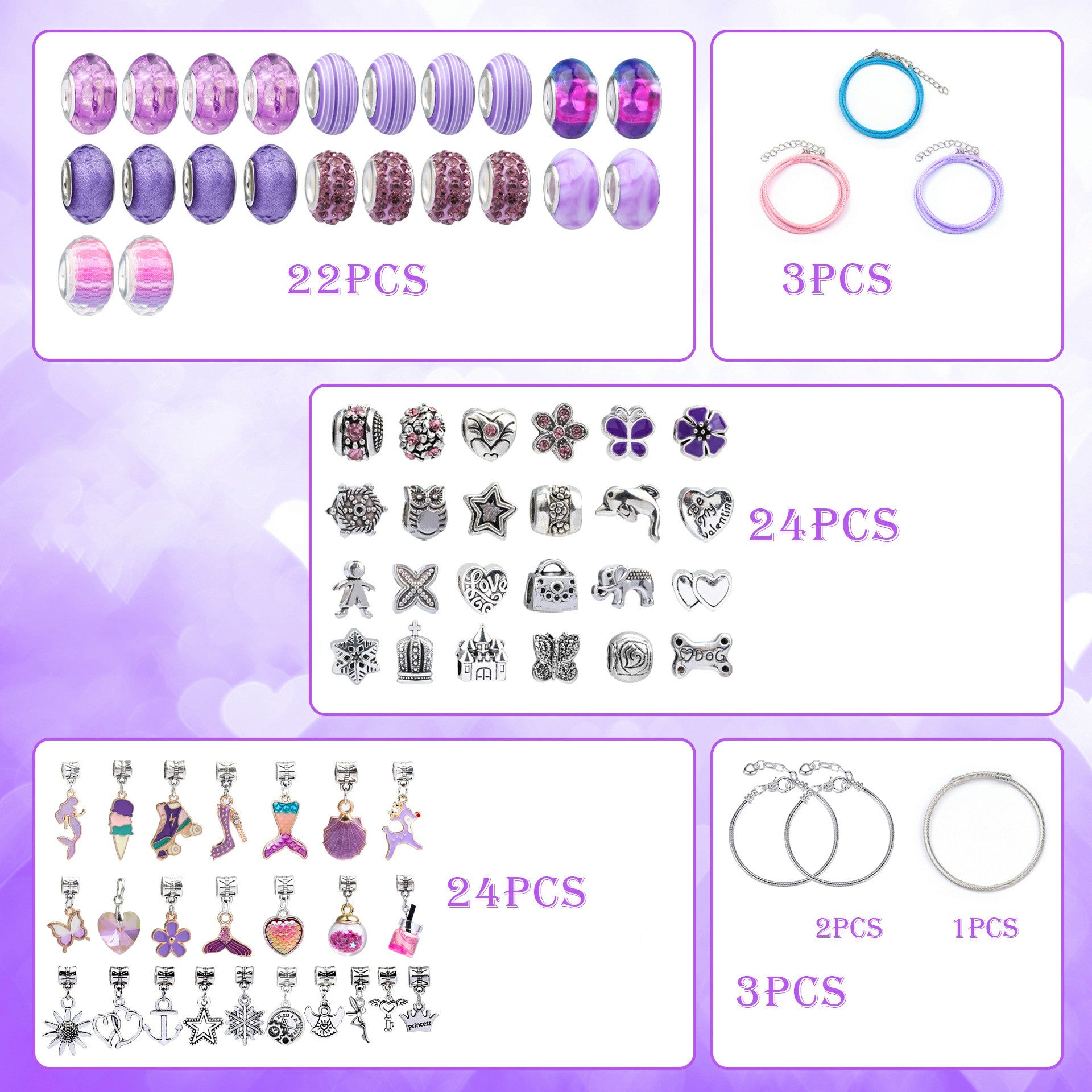 76Pcs DIY Jewellery Making Set for Girls Charm Bracelet Making Kit Birthday Gift - Purple