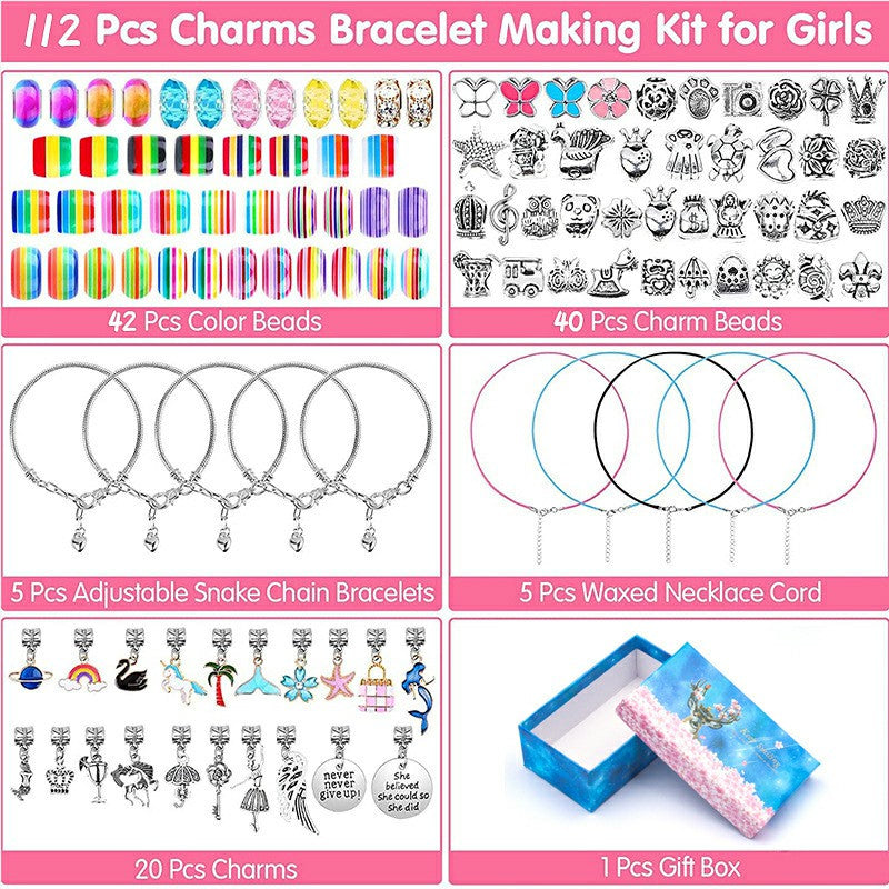 112Pcs Kids Bracelet Making Kit Girls Bangle Making DIY Bracelet Alloy Pendants Set with Gift Box