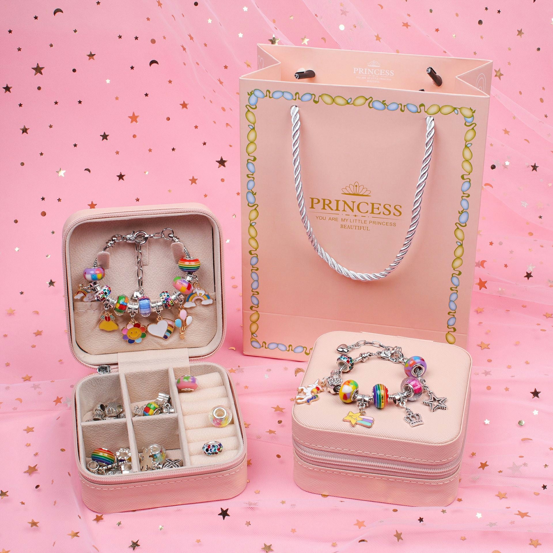 66Pcs DIY Bead Bracelet / Necklace Making Kit Gift Box Set Children Craft Kit with Jewelry Box - Rainbow