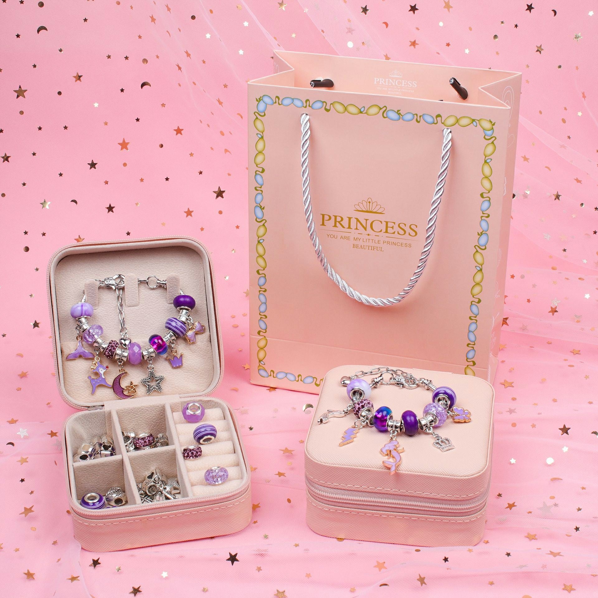 66Pcs DIY Bead Bracelet / Necklace Making Kit Gift Box Set Children Craft Kit with Jewelry Box - Purple