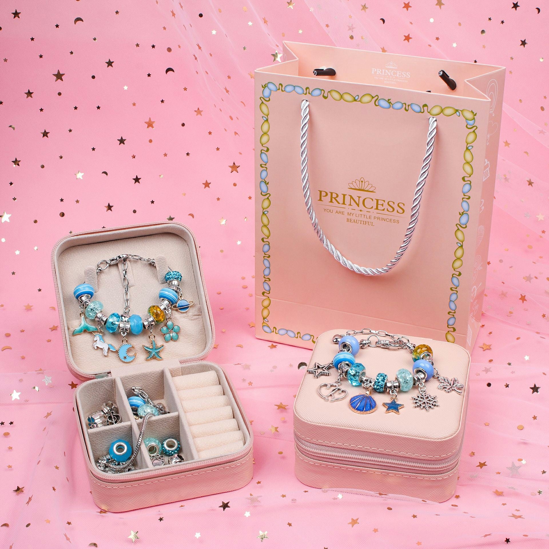 66Pcs DIY Bead Bracelet / Necklace Making Kit Gift Box Set Children Craft Kit with Jewelry Box - Blue