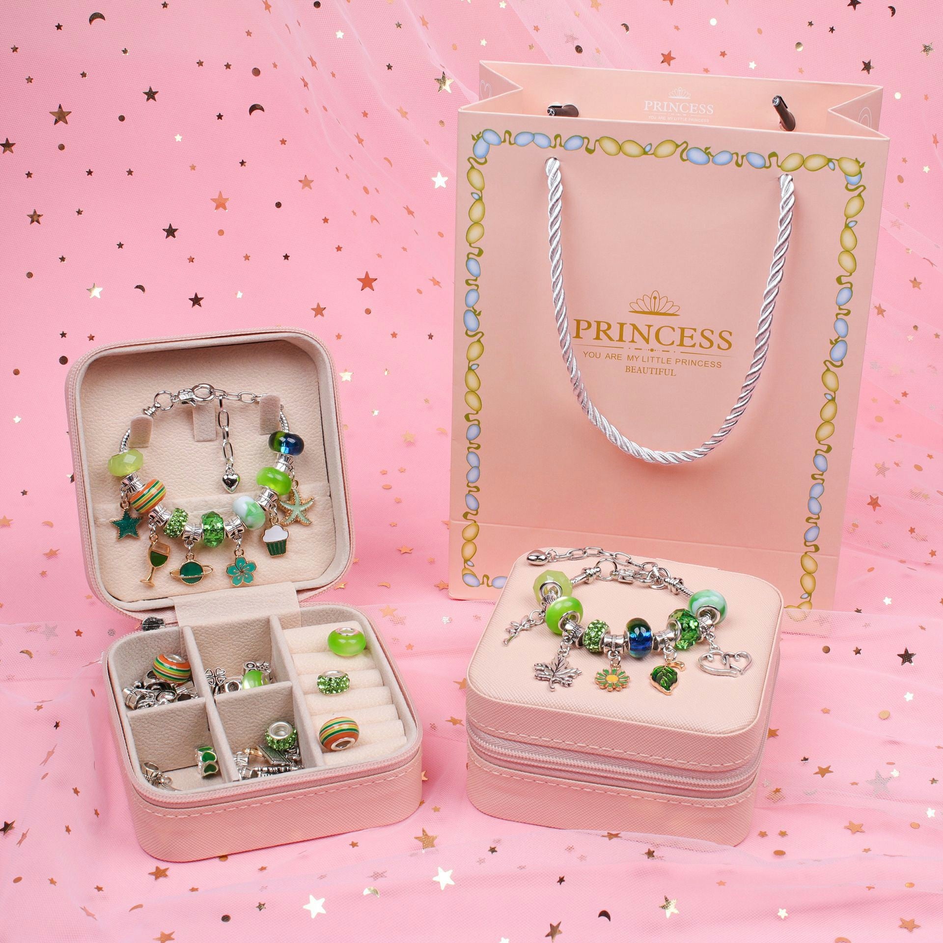 66Pcs DIY Bead Bracelet / Necklace Making Kit Gift Box Set Children Craft Kit with Jewelry Box - Green