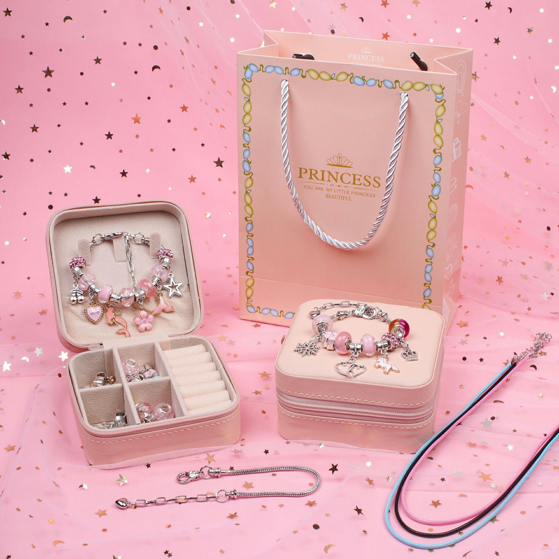 66Pcs DIY Bead Bracelet / Necklace Making Kit Gift Box Set Children Craft Kit with Jewelry Box - Pink