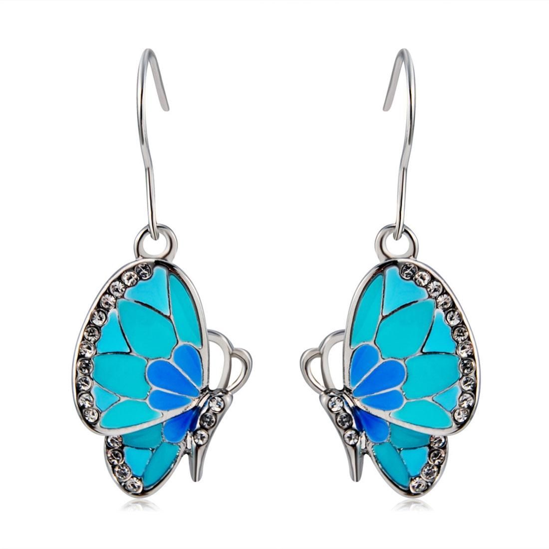 Blue Butterfly Inlaid Alloy Necklace Earring Set for Female, Chain Length: 42cm