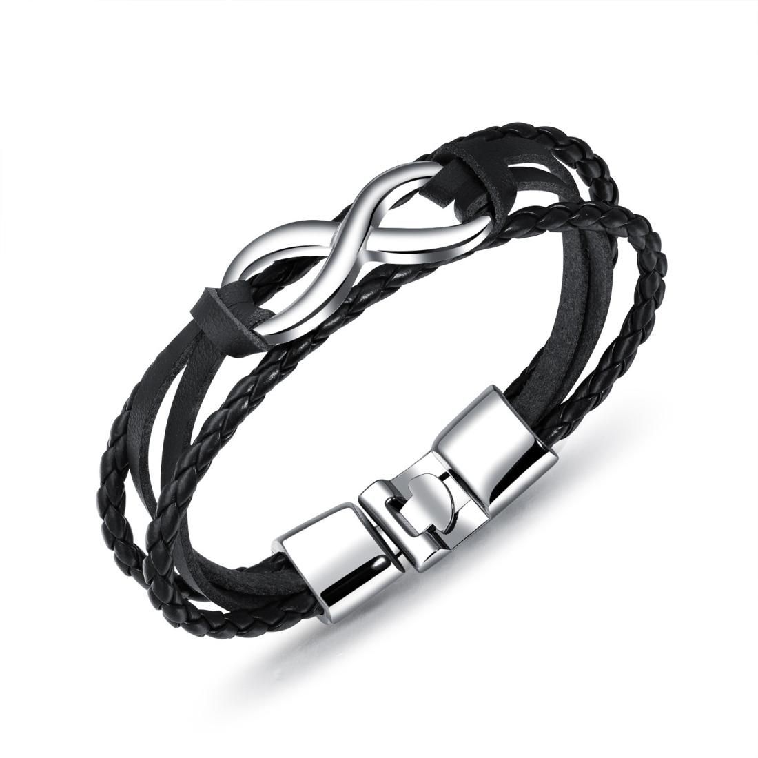 OPK Multilayer Weave Eternal 8-type Leather Bracelet for Men (Black Steel)