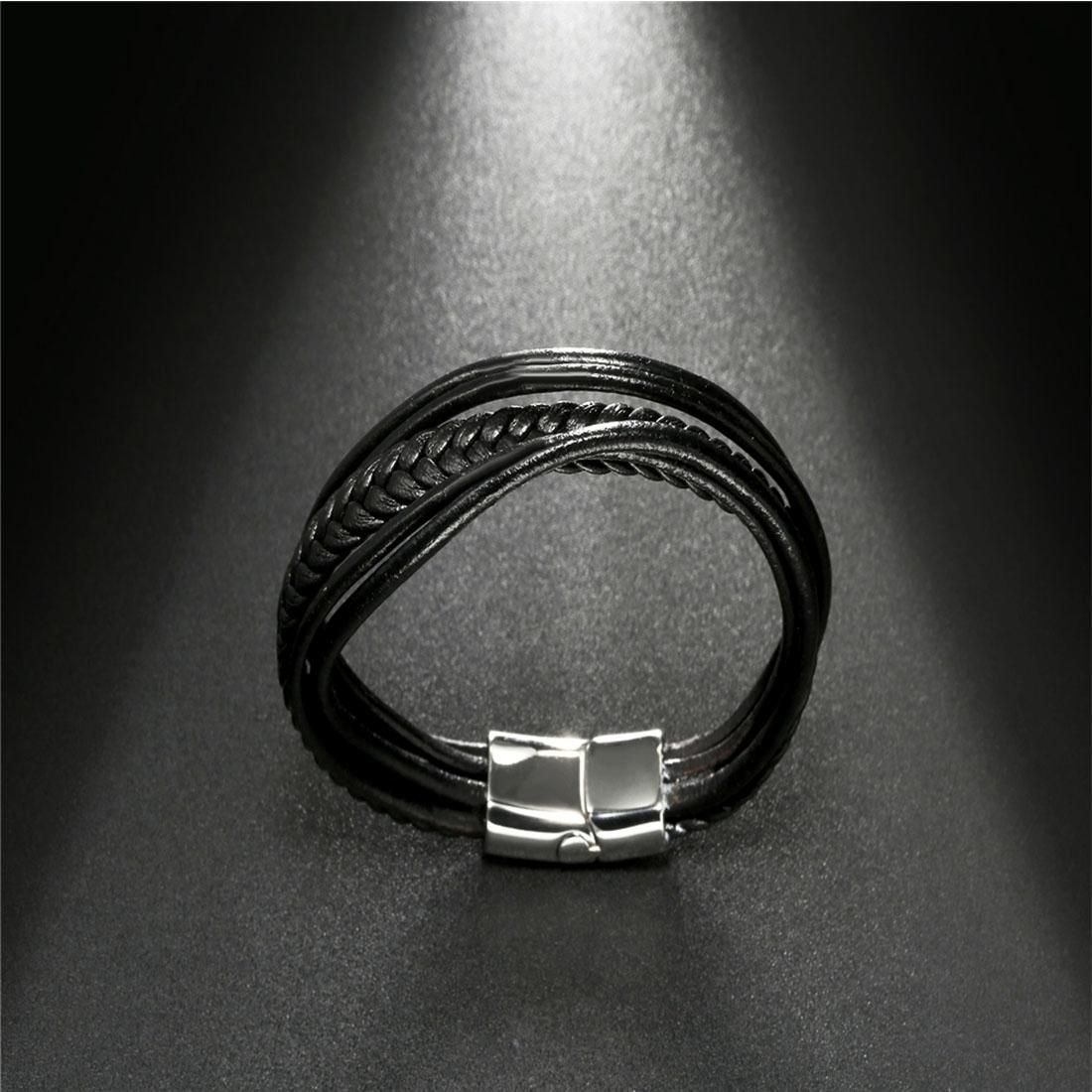 Fashion Jewelry Men Single Loop Multi-layer Black Genuine Leather Bracelet Classic Titanium Steel Bracelet