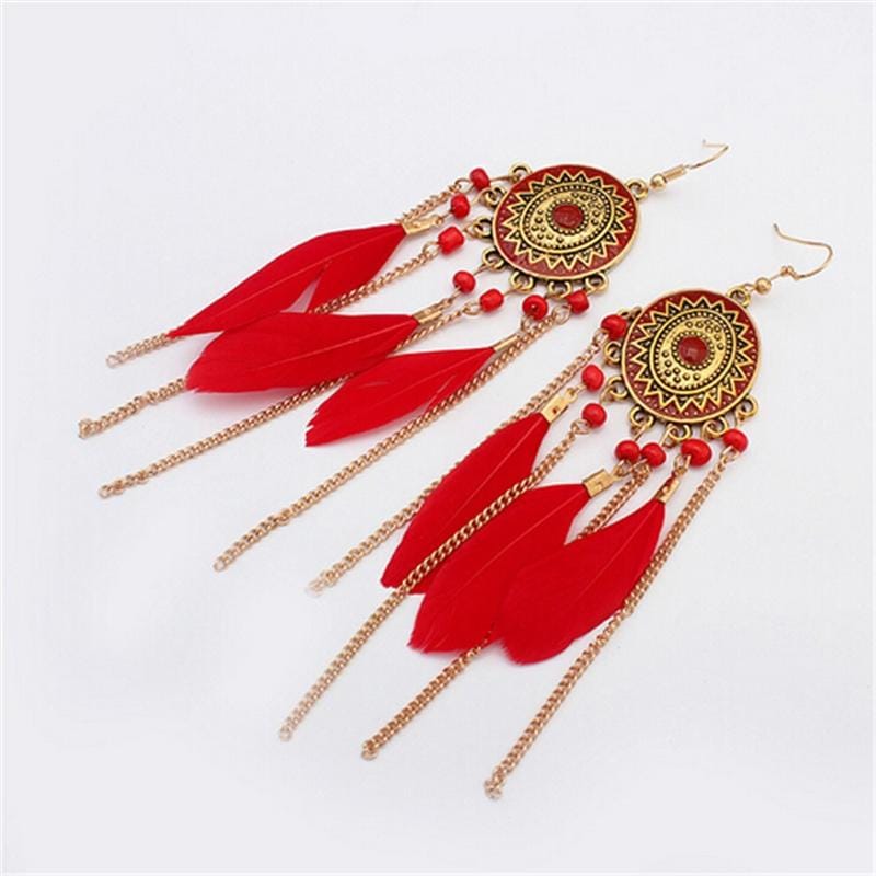 Vintage Ethnic Style Feather Chain Tassel Earrings jewelry (White)