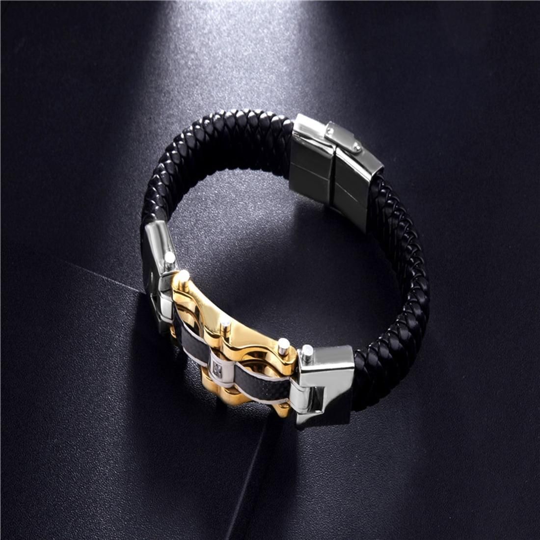 Mens Fashion Jewelry Hip-hop Punk Titanium Steel Wristband Weave Leather Bracelet, Size: 21.5cm (Gold)