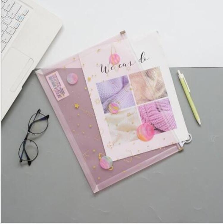 4 PCS Cute Dream Moon Stars Transparent Folder Girl Planet Pull Side Bag Stationery Storage Supplies, Random Color Delivery