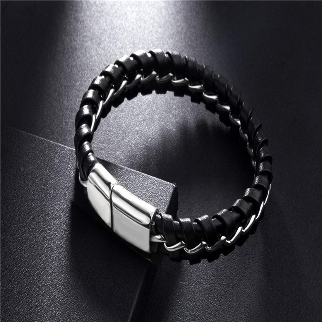 Mens Fashion Jewelry Punk Wristband Braided Leather Bracelet, Size: 21.5cm (Silver)