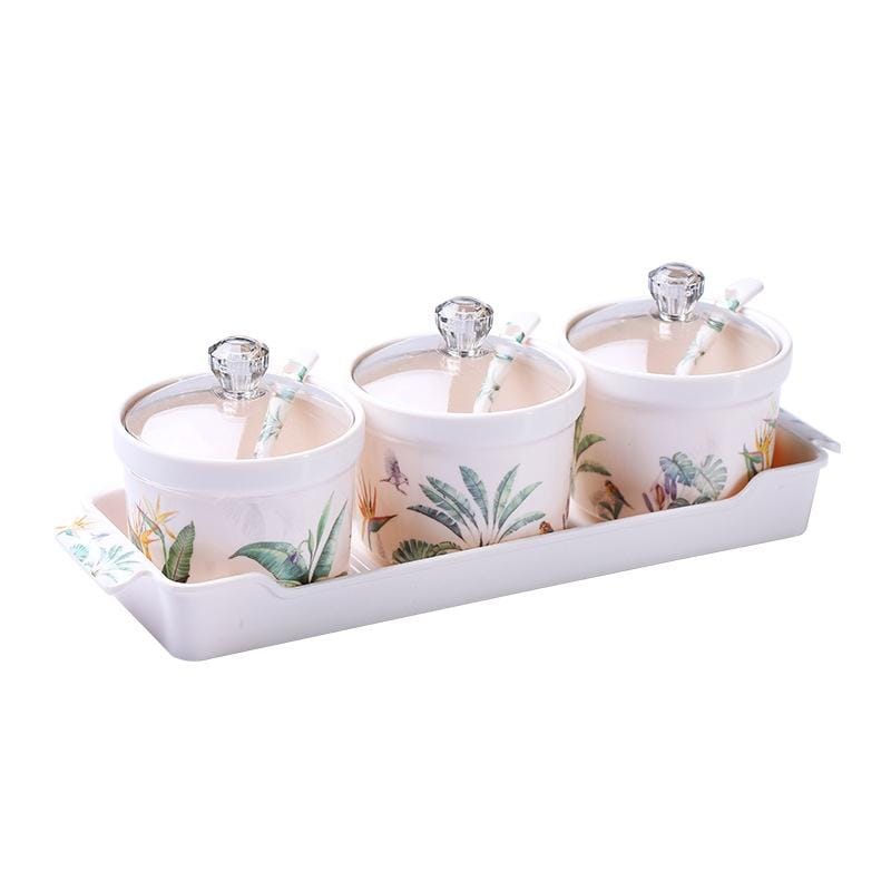 3 in 1 Seasoning Jar Set Creative Green Plant Multifunctional Kitchen Utensils with Spoon & Chassis (Creative Plants)
