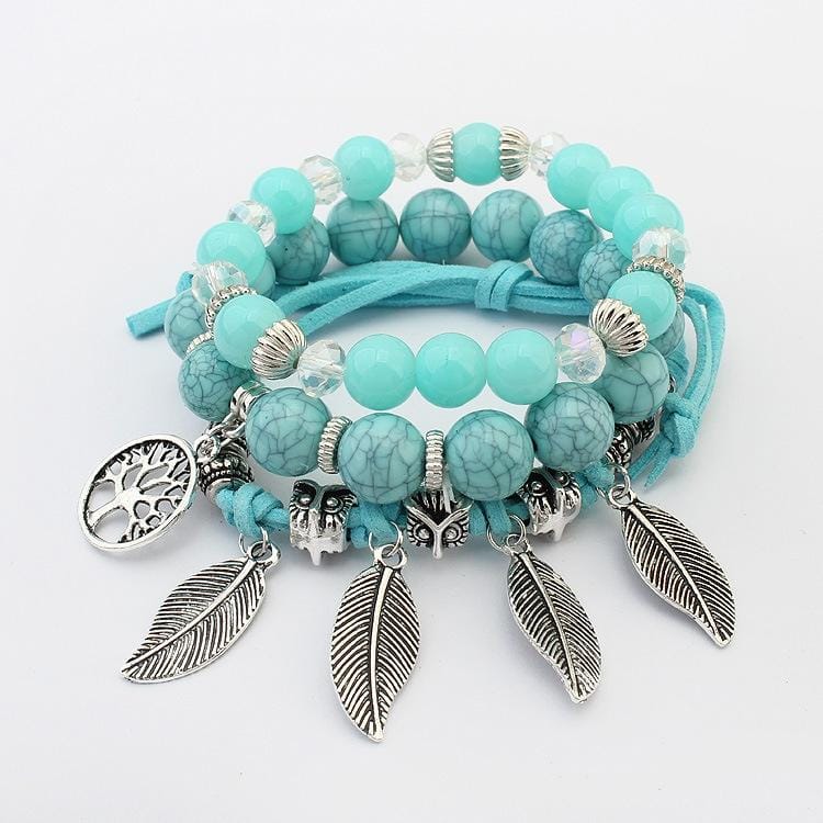 Vintage Ethnic Elasticity Marble Beads Bracelet Boho Leaves Bangle Bracelet (White)