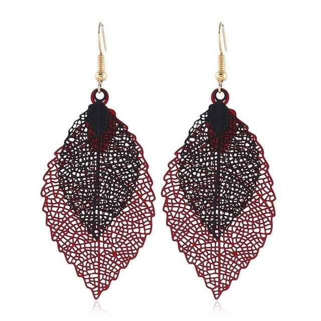 Double-layered Leaves Tassel Earrings Simple Retro Metal Leaf-ears Ornaments (Red Black)