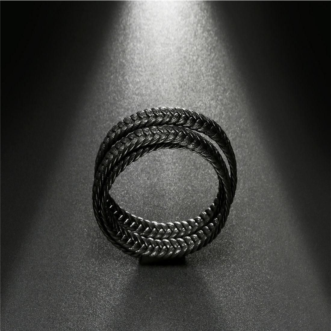 European and American Fashion Jewelry Men 3 Circles Black Genuine Leather Bracelet Classic Weave Long Style Bracelet