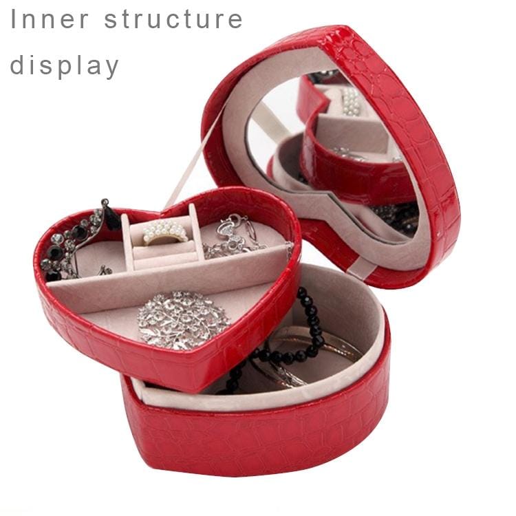 Two-layer Heart Shape Small Jewelry Box Synthetic Leather Rings and Earrings Mirrored Travel Storage Case (Purplish Red)