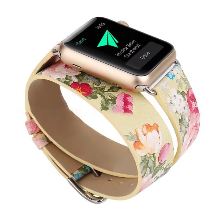 For Apple Watch Series 3 & 2 & 1 38mm New Style Chinese Ink Flower Pattern Two-loop Genuine Leather Wrist Watch Band