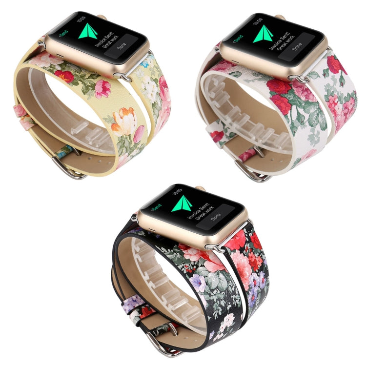 For Apple Watch Series 3 & 2 & 1 38mm New Style Chinese Ink Flower Pattern Two-loop Genuine Leather Wrist Watch Band