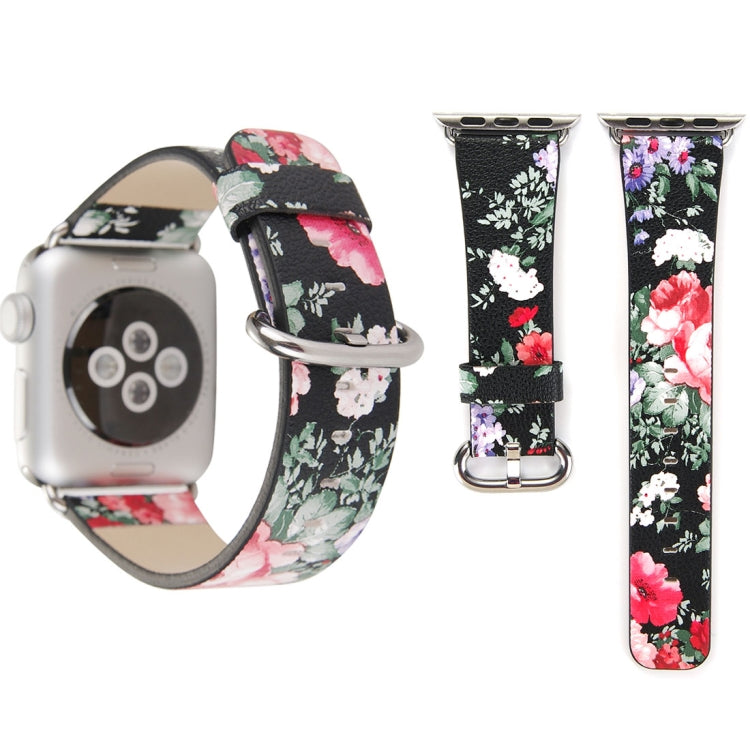 For Apple Watch Series 3 & 2 & 1 38mm New Style Chinese Ink Floral Pattern Genuine Leather Wrist Watch Band