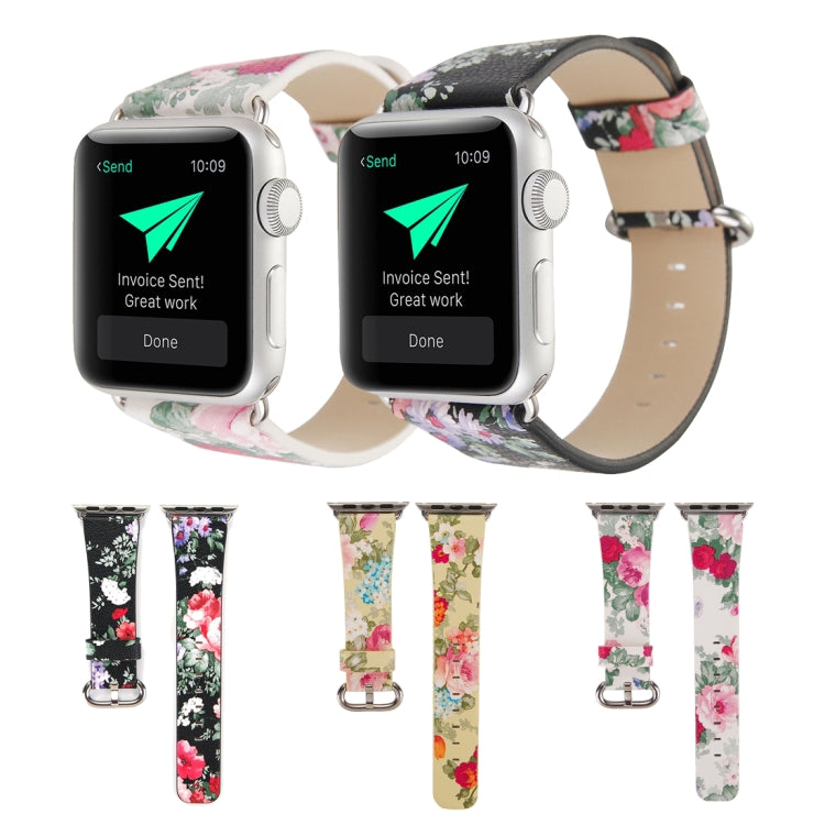 For Apple Watch Series 3 & 2 & 1 42mm New Style Chinese Ink Floral Pattern Genuine Leather Wrist Watch Band