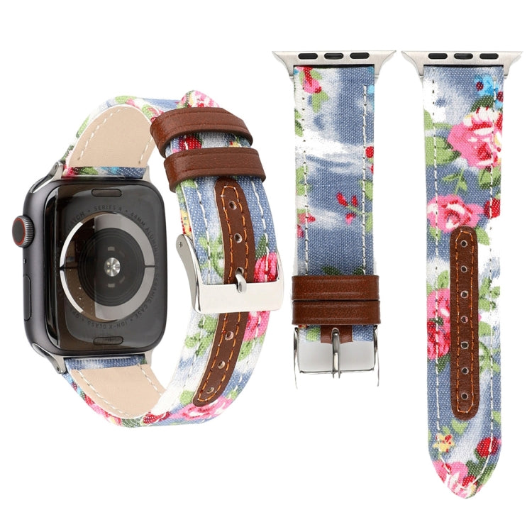 Denim Flower Pattern Genuine Leather Watch Band for Apple Watch Series 3 & 2 & 1 38mm