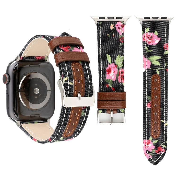 Denim Flower Pattern Genuine Leather Watch Band for Apple Watch Series 7 45mm / 6 & SE & 5 & 4 44mm / 3 & 2 & 1 42mm