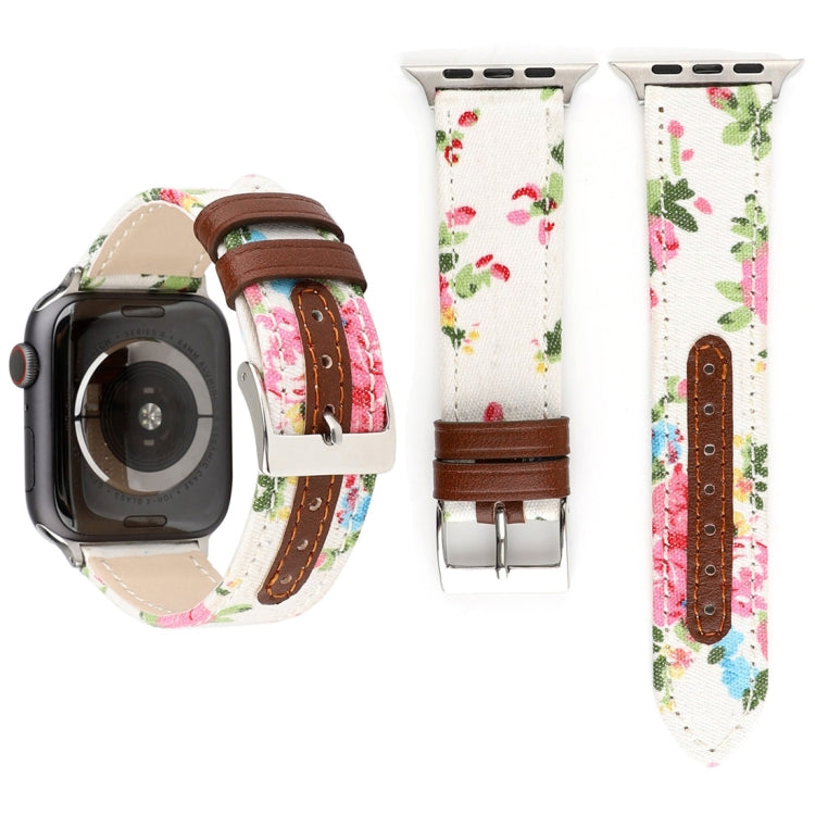 Denim Flower Pattern Genuine Leather Watch Band for Apple Watch Series 7 45mm / 6 & SE & 5 & 4 44mm / 3 & 2 & 1 42mm