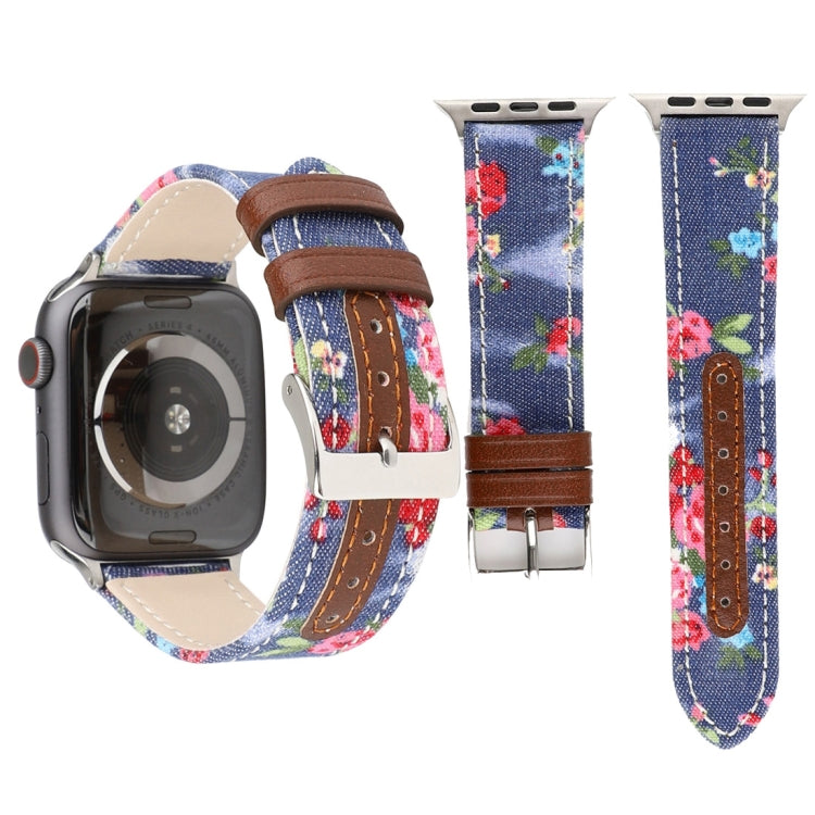 Denim Flower Pattern Genuine Leather Watch Band for Apple Watch Series 7 41mm / 6 & SE & 5 & 4 40mm / 3 & 2 & 1 38mm