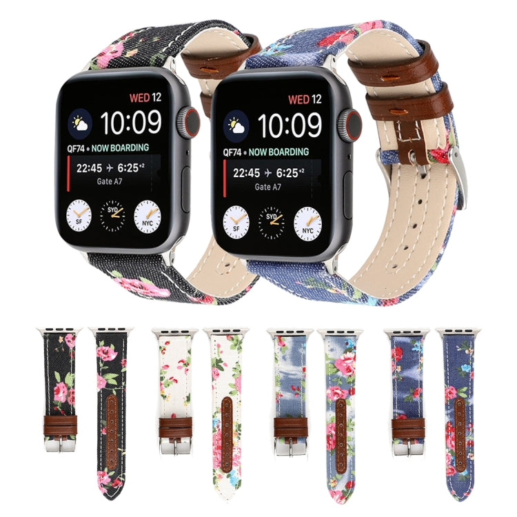 Denim Flower Pattern Genuine Leather Watch Band for Apple Watch Series 7 41mm / 6 & SE & 5 & 4 40mm / 3 & 2 & 1 38mm