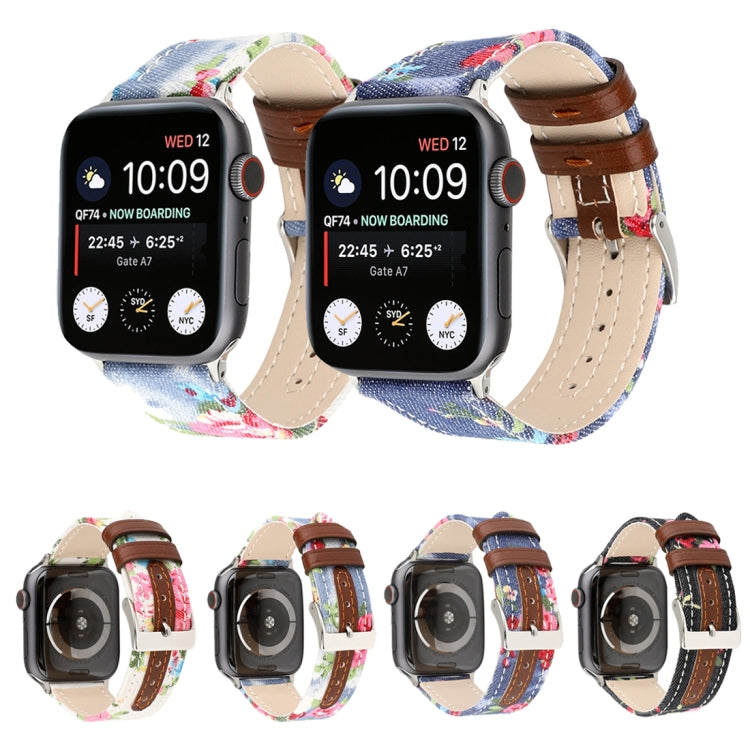 Denim Flower Pattern Genuine Leather Watch Band for Apple Watch Series 3 & 2 & 1 42mm